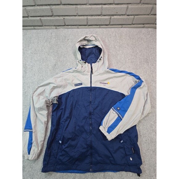 Columbia Windbreaker Jacket Mens L Hooded Full Zip Blue Gray AstraZeneca KM3066